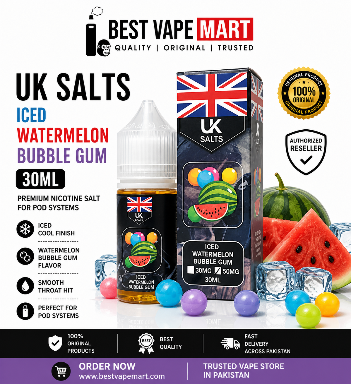 UK Salts Iced Watermelon Bubblegum 30ML