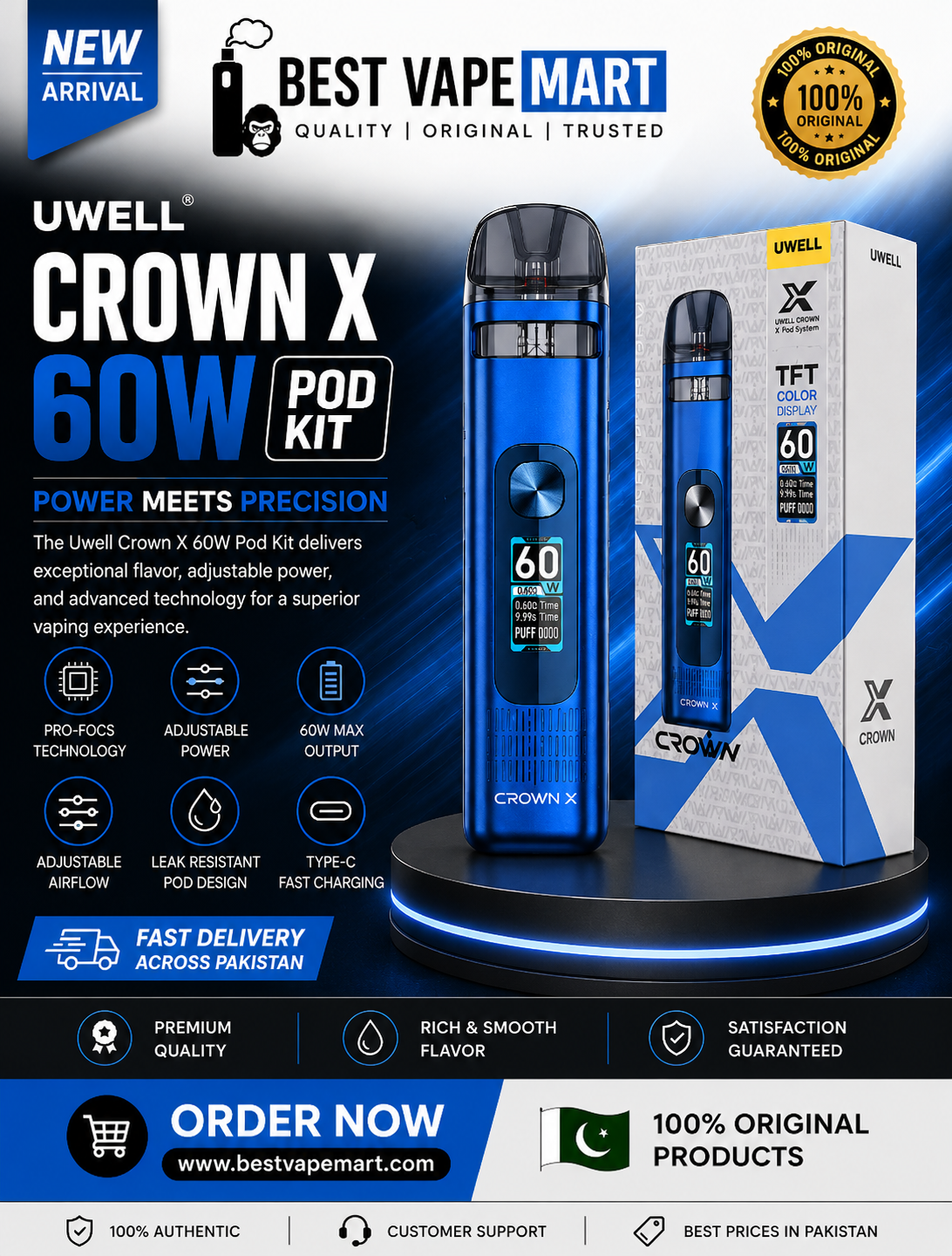 Original Uwell Crown X Pod Kit available at Best Vape Mart with fast delivery across Pakistan. Original Uwell Crown X Pod Kit 60W Price in Pakistan – Best Vape Mart