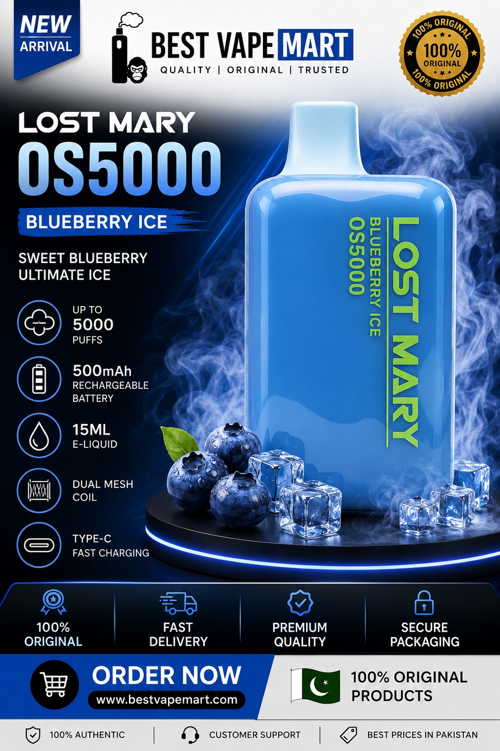 Blueberry Ice Lost Mary OS5000 5000 puffs vape