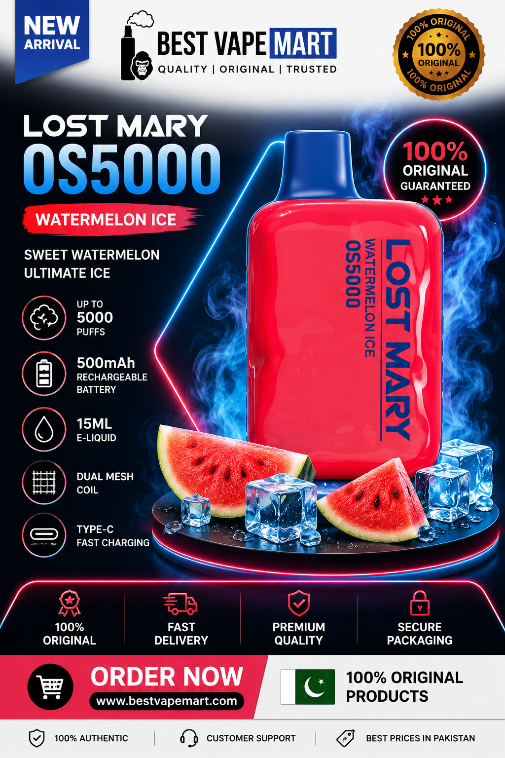 Watermelon Ice Lost Mary OS5000 5000 puffs