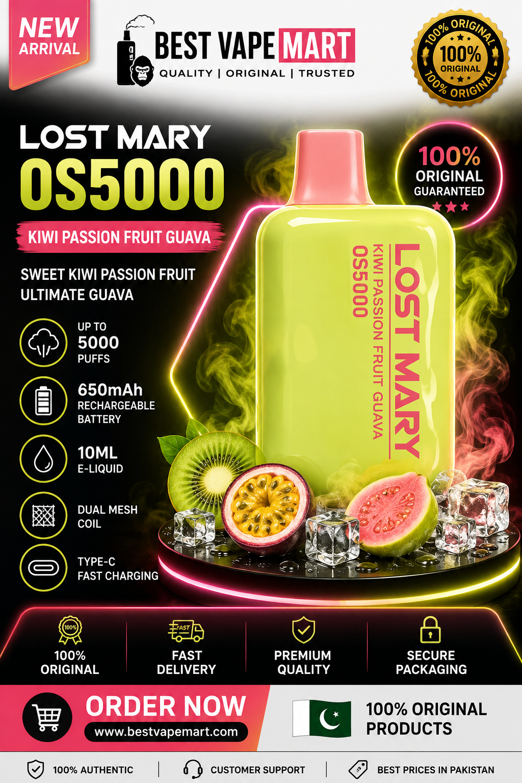 Kiwi Passion Fruit Guava Ice Lost Mary OS5000 5000 puffs