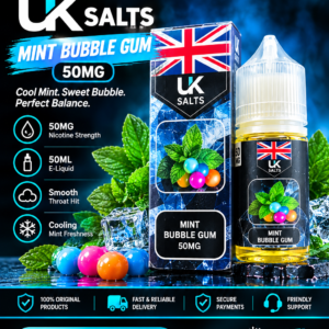 UK Salts Mint Bubble Gum 30ML nic salt promo poster with specs and Best Vape Mart branding