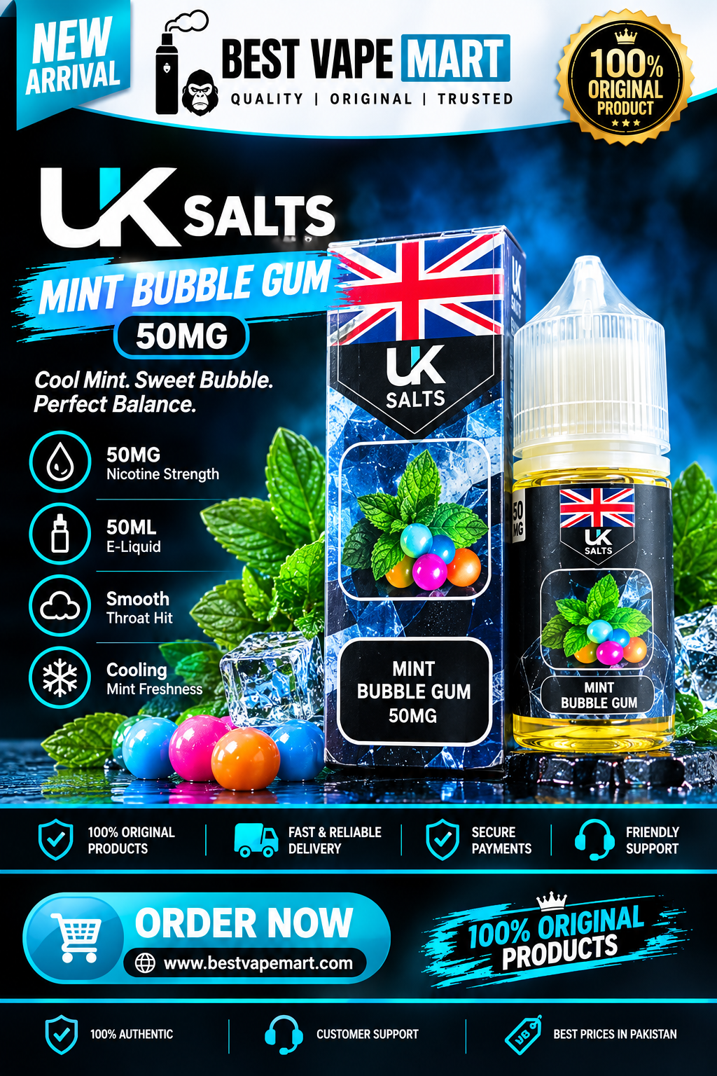 UK Salts Mint Bubble Gum 30ML nic salt promo poster with specs and Best Vape Mart branding