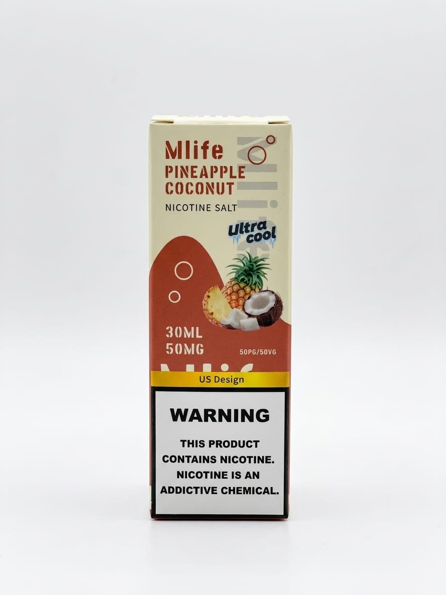Mlife Ultra Cool Pineapple Coconut 30ml nicotine salt box, 50MG, with pineapple and coconut design