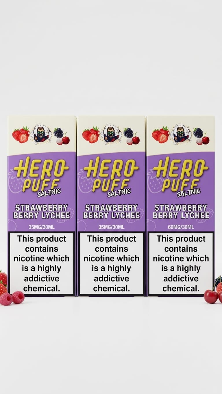 HeroPuff Strawberry Berry Lychee 30ML nic salt boxes in Pakistan, 35MG 50MG 60MG strength