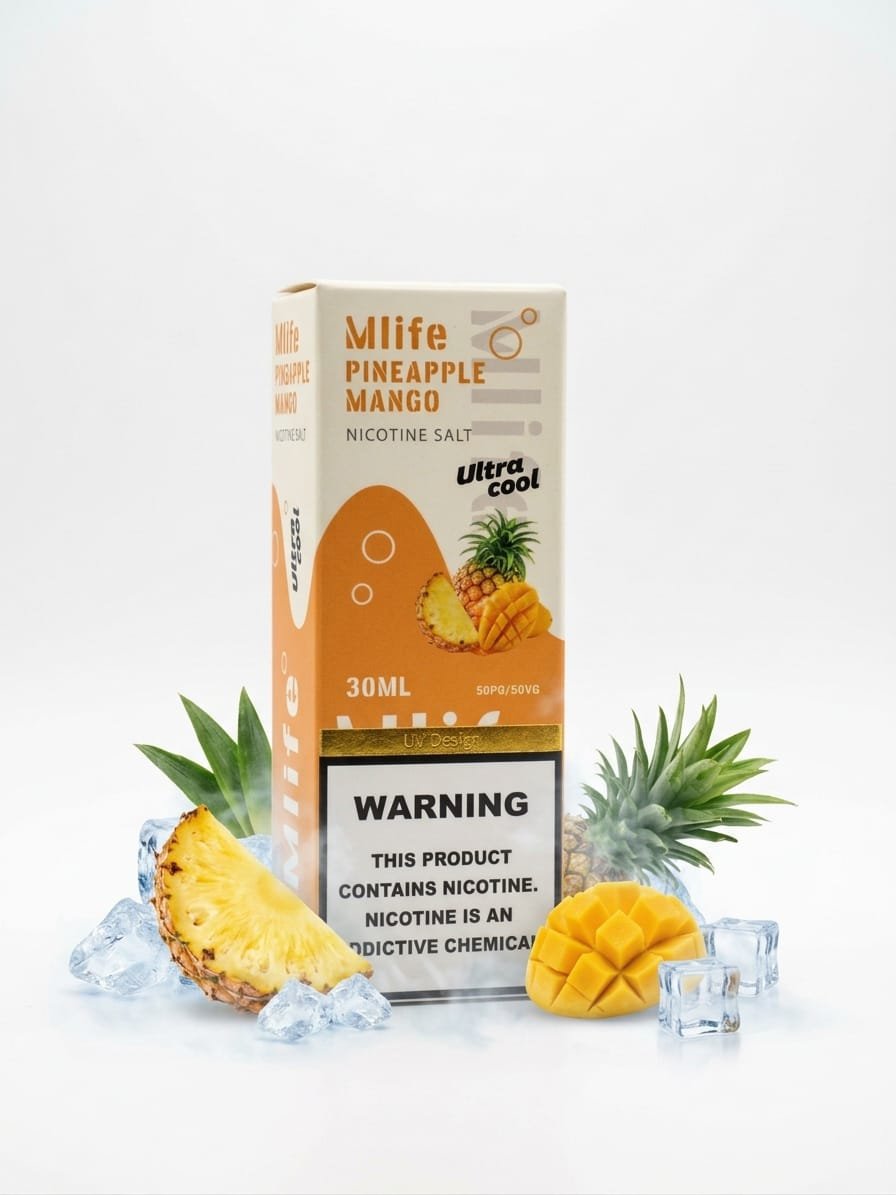 Mlife Ultra Cool Pineapple Mango 30ML nicotine salt e-liquid Mlife Ultra Cool Pineapple Mango 30ml nicotine salt box with pineapple, mango and ice