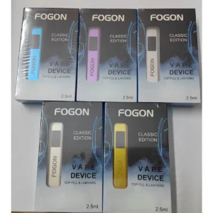 Fogon Classic Edition vape device boxes in blue, purple, silver, white and gold