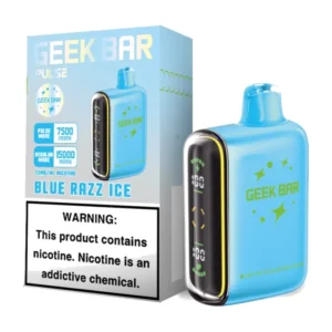 Geek Bar Pulse Blue Razz Ice 15000 Puffs box and device