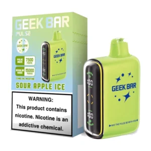 Geek Bar Pulse Sour Apple Ice 15000 Puffs box and device