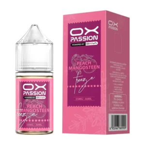 OX Passion Peach Mangosteen 30ml nic salt box and bottle