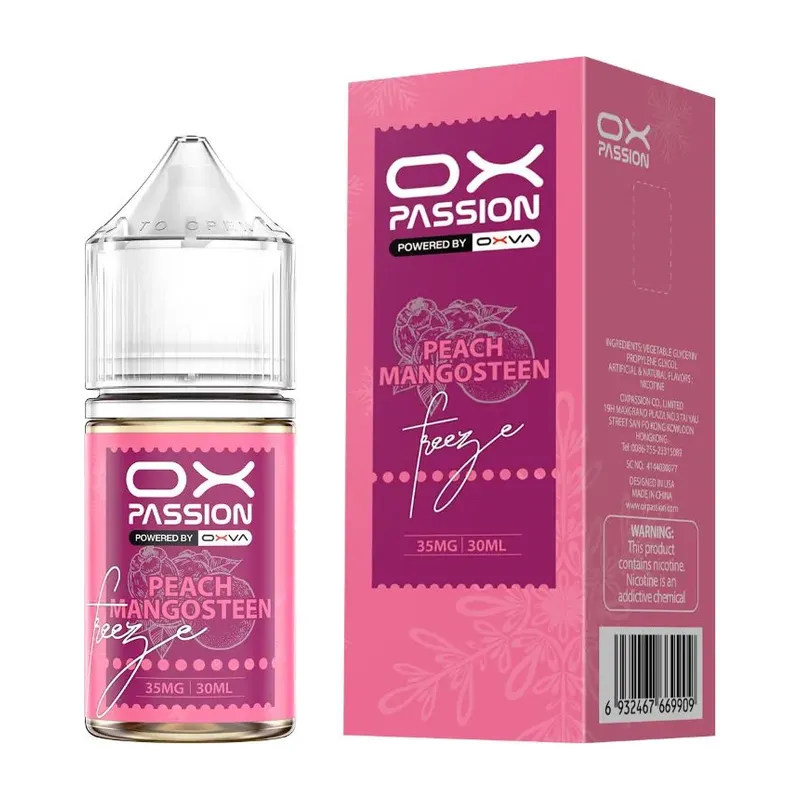 OX Passion Peach Mangosteen 30ml nic salt box and bottle