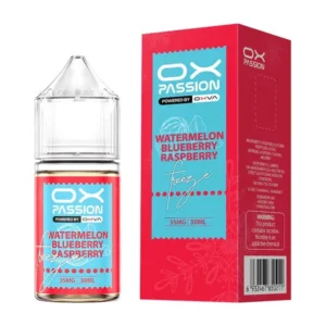 OX Passion Watermelon Blueberry Raspberry 30ml nic salt box and bottle